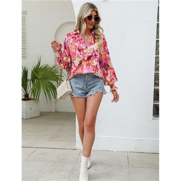 Pink Boho Floral Print V Neck Long Lantern Sleeve Flowy Loose‎ Top Blouse Shirt - Picture 3 of 7